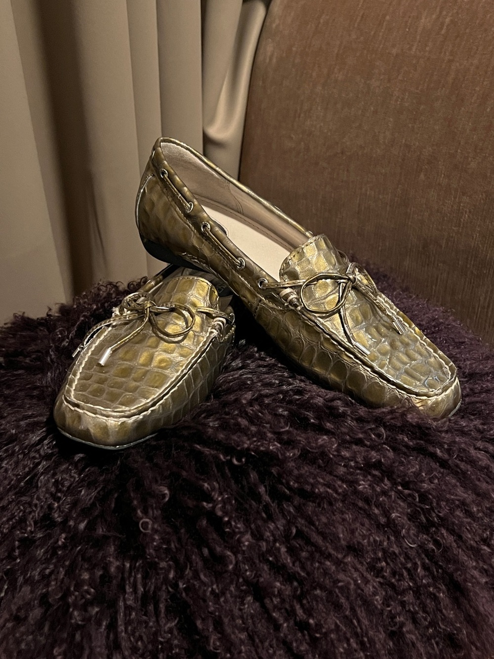 SPERRY Topsider Patent Leather Croc Embossed Boat Shoe Gold Green Sz US 9